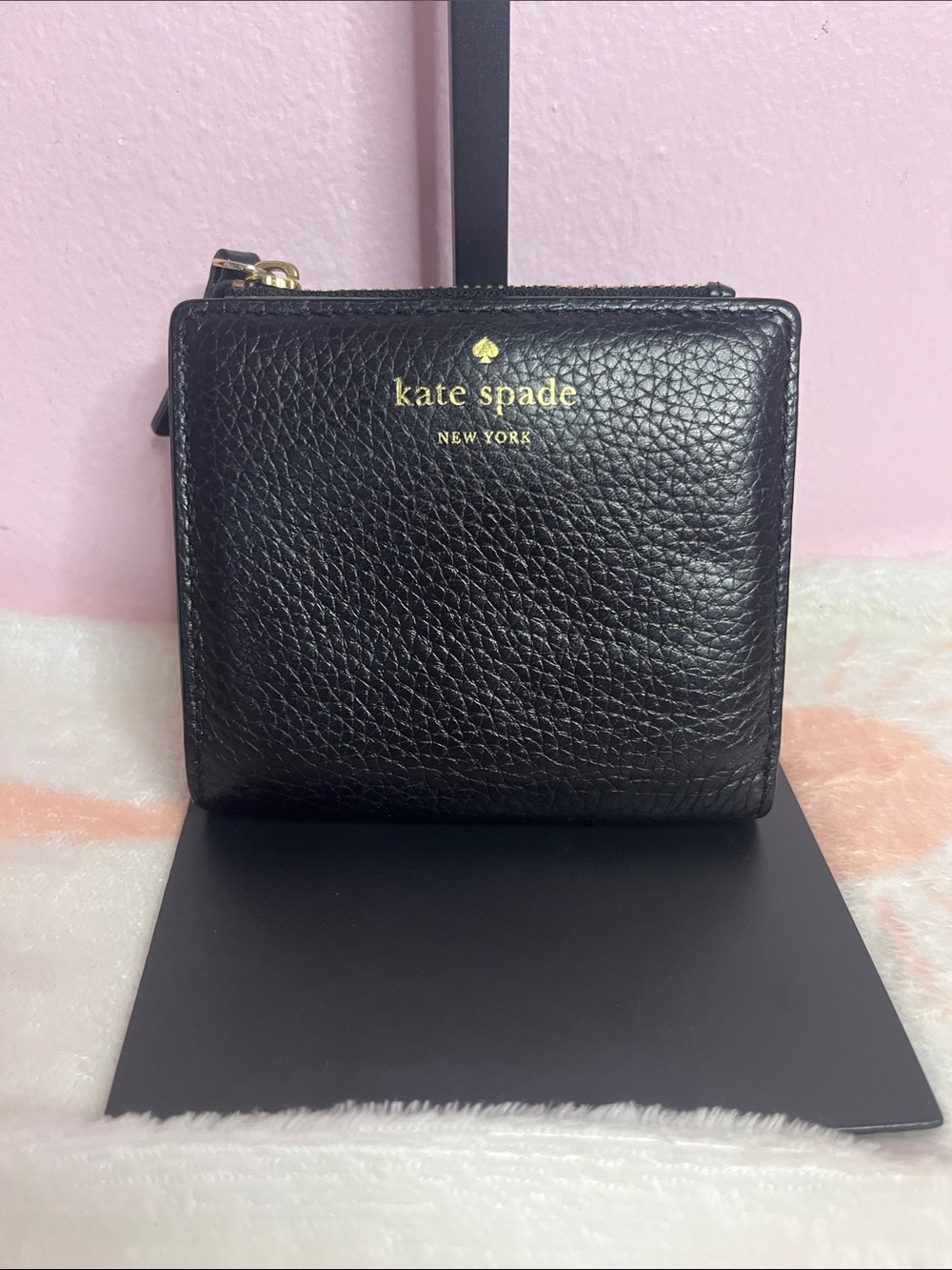 kate spade Black Pebbled Leather Compact Zip Wallet with Gold Logo